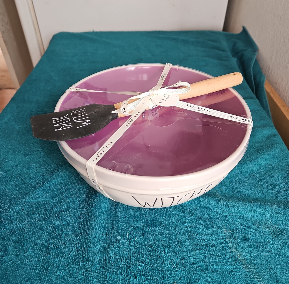 Rae Dunn Purple and White 'Witch' Ceramic Mixing Bowl with Spatula